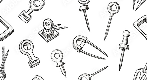 Collection of Assorted Drawing Pins, Safety Pins, and Staples on White Background