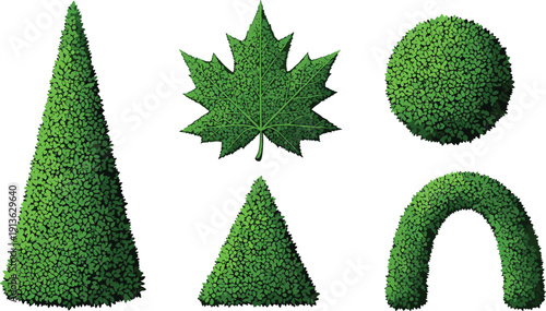 Cartoon green hedge and foliage set with cone bush, round shrub, arch topiary, triangle hedge and maple leaf, perfect for garden design and game assets.