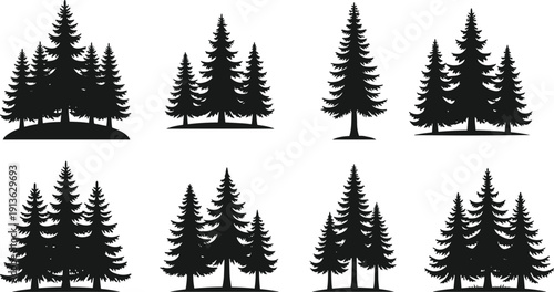 Set of black pine tree silhouettes isolated on white background for mountain logo design forest icons evergreen spruce wood nature wallpaper wilderness vector art