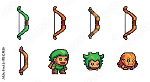 A collection of pixel art assets featuring stylized bows in various designs and cute fantasy characters, isolated on a white background.
