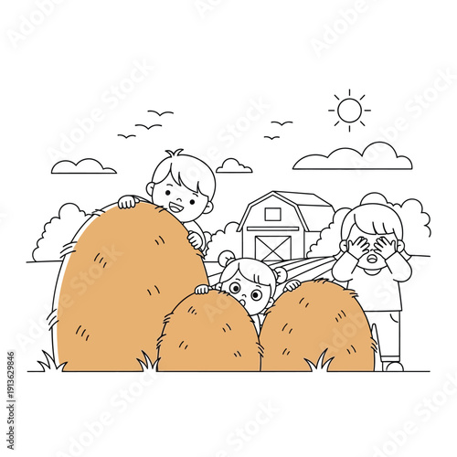 Three happy children playing hide-and-seek among haystacks on a sunny farm, with a barn in the background, in a cheerful line art illustration.