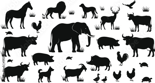 Set of black silhouette animals including elephant lion horse cow pig and deer isolated on white background for farm and zoo vector illustration.