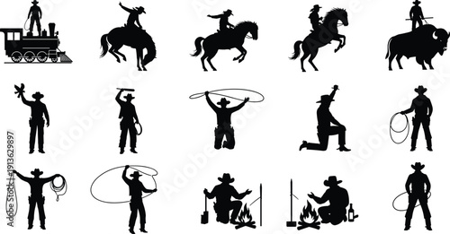 Set of black silhouette cowboy figures riding horses and using lassos with campfire and train isolated on white background for western vector illustration.