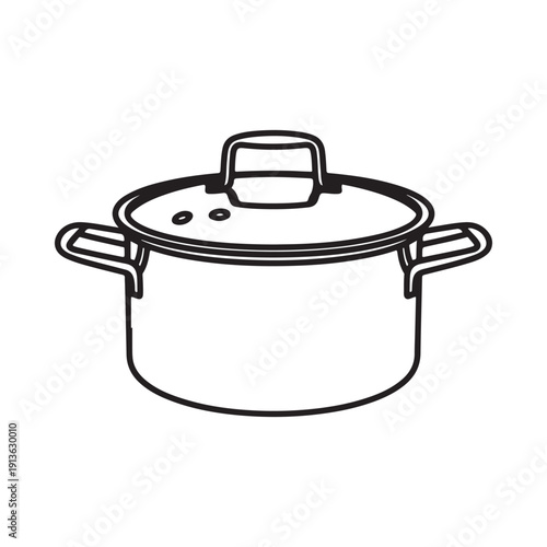 A simple black and white line drawing of a stockpot with handles and a lid