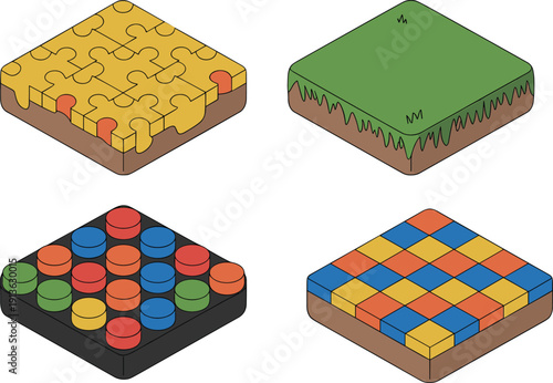 Isometric board game tiles set with puzzle surface, grassy platform, colorful token pieces and geometric checkerboard floor, perfect for tabletop games and UI assets.