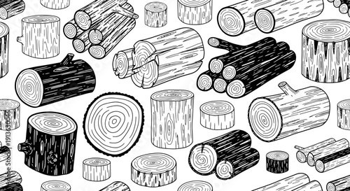 Wood log and lumber textures, seamless pattern of tree trunk cross sections and stacked timber