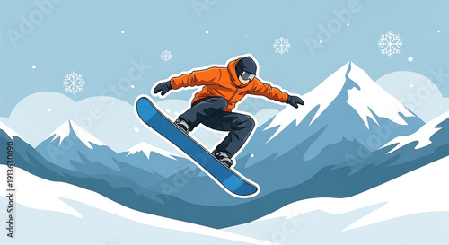 Snowboarder in mid-air performing a trick on a snowy mountain peak with snowflakes falling around, captured from a dynamic angle