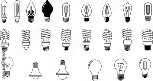 Collection of light bulb silhouettes and line icons, vintage and modern lamp types including LED, filament and spiral bulbs isolated on white background vector