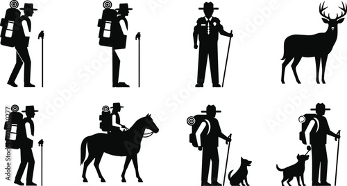 Set of black silhouette vector icons of hikers with backpacks park ranger deer and horse isolated on white background for outdoor adventure camping concept (23 words)