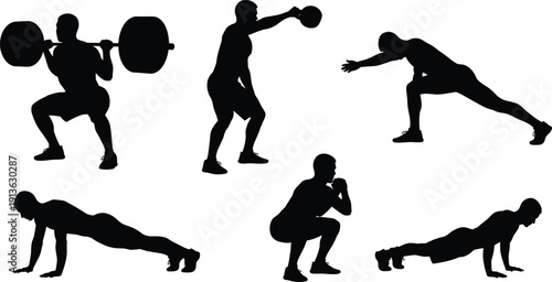 Set of black silhouette men performing fitness workout exercises including squats pushups and weightlifting for gym training and active healthy lifestyle vector illustration concepts