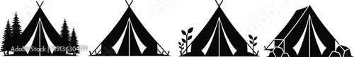 Set of black silhouette vector illustrations of camping tents with trees and rocks isolated on white background for outdoor adventure and hiking nature concept (24 words)