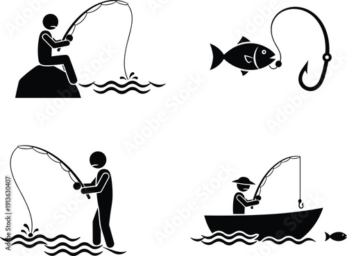 Set of Black Silhouette Vector Illustrations Featuring Fisherman Catching Fish on a Boat and Rocks with Rod and Hook for Fishing Sport Designs