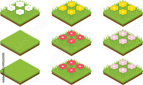 Isometric cartoon grass tiles set with colorful flower patches and empty meadow platforms, perfect for game maps, spring garden landscapes, level design and UI assets.
