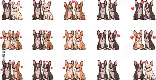 French Bulldog Puppy Couple Cartoon Set with Love Hearts for Valentine Pet Design, Cute Dog Pair Flat Vector Illustration Collection