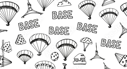 BASE jumping paragliding wingsuit illustration with abstract pattern and Eiffel tower motifs