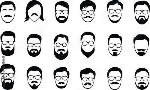 Assortment of black and white male face icons with diverse hairstyles and facial hair Keywords: man, male, face, icon, avatar