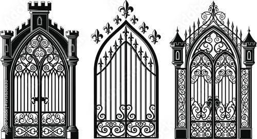 Gothic wrought iron gate set ornate medieval entrance doors black silhouette vector illustration isolated on background