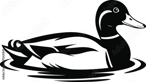 Black and White Illustration of a Mallard Duck Swimming in Water Keywords: duck, mallard, bird, waterfowl, animal, wildlife