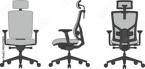 Ergonomic office chair front side and back view adjustable swivel seat with wheels modern workspace furniture vector illustration set