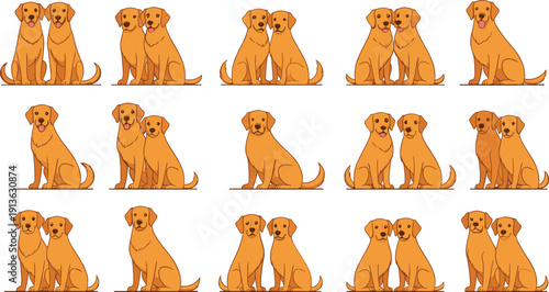 Golden Retriever Dog Couple Cartoon Set with Sitting Poses for Pet Love Concept, Cute Puppy Flat Vector Illustration Collection