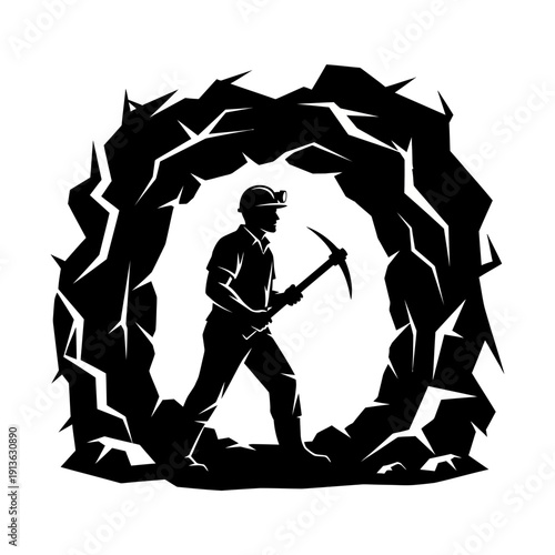 Miner with pickaxe standing in a rocky excavation site.