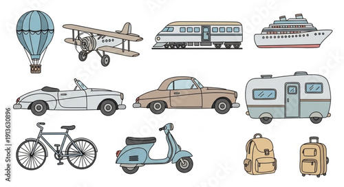 Wallpaper Mural Collection of diverse transportation vehicles and travel items. Torontodigital.ca