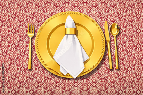 Gold colored table setup with background pattern