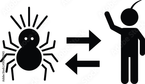 Black silhouette icon of a spider and a human figure with arrows showing communication or interaction isolated on a plain white background.
