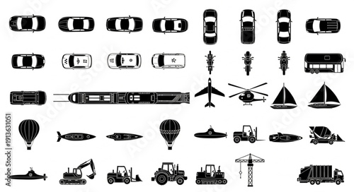 Collection of diverse transportation vehicles and modes from a top view.