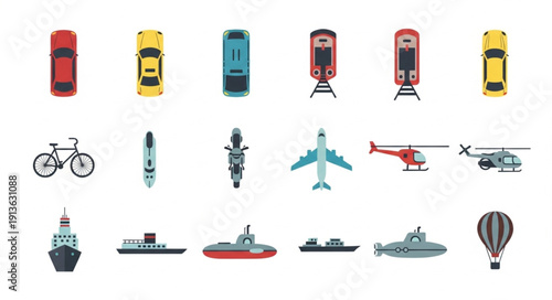Collection of diverse transportation vehicles and modes from a top view.