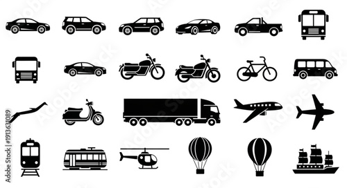 Collection of diverse transportation vehicles and modes of travel.