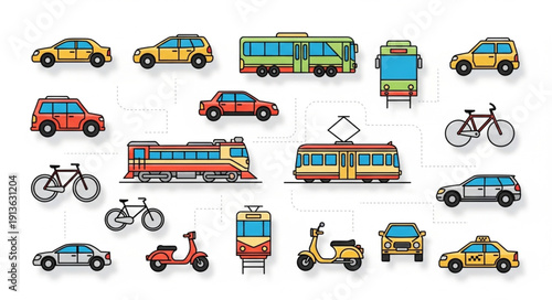 Collection of diverse transportation vehicles and modes of travel.