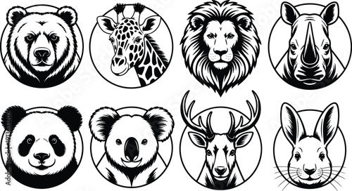 Circular black and white portraits of various wild animals head face