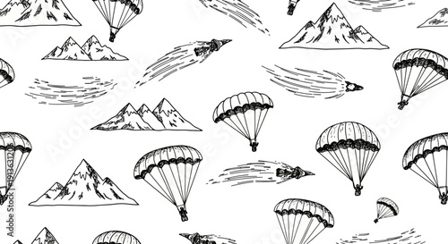 Hand Drawn Seamless Pattern of Mountains, Parachutes, and Rockets in Sketchy Style