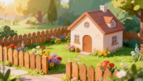 Wallpaper Mural 木製フェンスに囲まれたかわいい家とパステル調の庭イラスト Torontodigital.ca