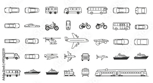 Collection of diverse transportation vehicles and modes of travel.