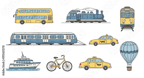 Collection of diverse transportation vehicles and modes of travel.
