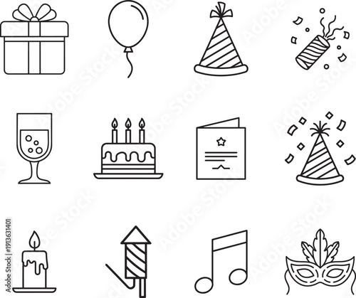 Party celebration icons and symbols in black line art