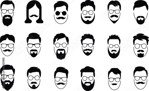 Collection of black and white male face icons with various hairstyles and facial hair Keywords: man, male, face, icon, avatar