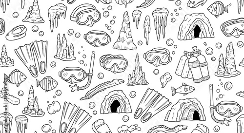 Underwater Cave Exploration with Snorkel Gear, Scuba Equipment and Marine Life Illustration