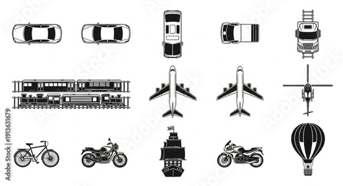 Collection of diverse transportation vehicles and modes of travel.
