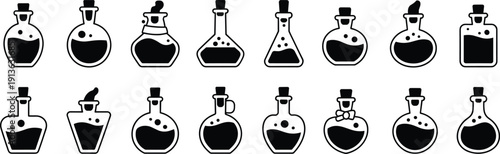 Collection Of Black And White Potion Bottles With Corks And Liquid glass