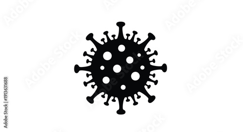 Coronavirus structure depicted in a stark black silhouette
