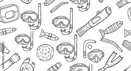Dive and snorkel gear pattern, line art illustration of underwater adventure equipment