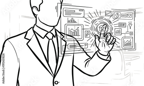 A businessman interacts with a futuristic interface displaying various charts and graphs in a modern office environment from a frontal viewpoint