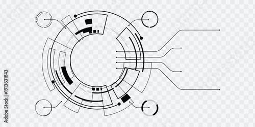 Futuristic circular HUD interface with PCB circuit lines isolated on transparent background