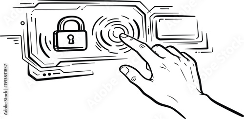 Hand interacting with futuristic security interface featuring a digital lock icon, showcasing advanced biometric authentication technology