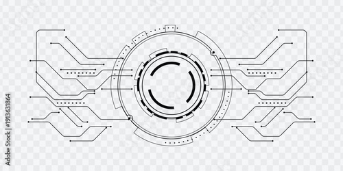 Futuristic circular HUD interface with PCB circuit lines isolated on transparent background
