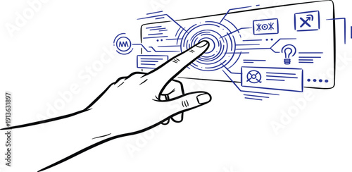 A hand interacts with a futuristic digital interface displaying various icons and graphics