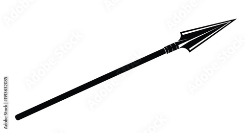 A black spearhead with a long shaft presented as a silhouette